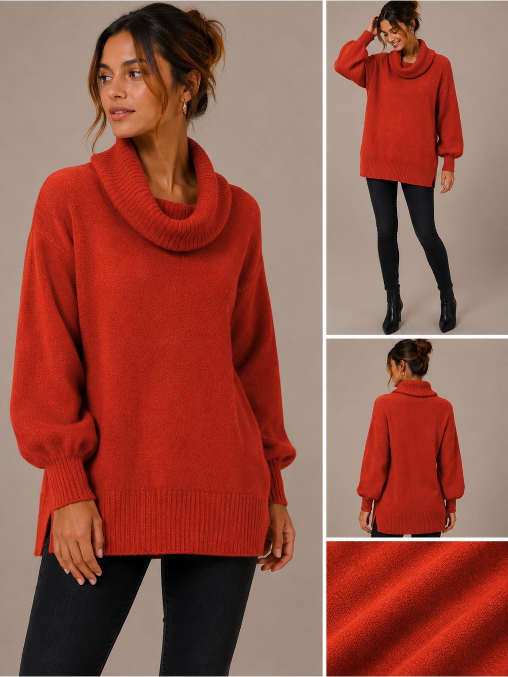 ANTHROPOLOGIE Cozy Bright Burnt Orange Cowl Neck Sweater Knit Tunic - XS